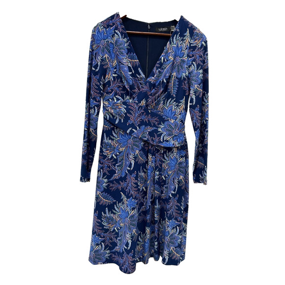 Lauren Ralph Lauren Womens Size 4 Blue Floral Long Sleeve Wrap Dress V Neck NWT - Picture 1 of 12